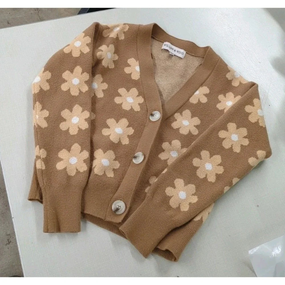 Wind & Willow Brown Cardigan With Daisy Pattern Size Xs - Picture 1 of 9